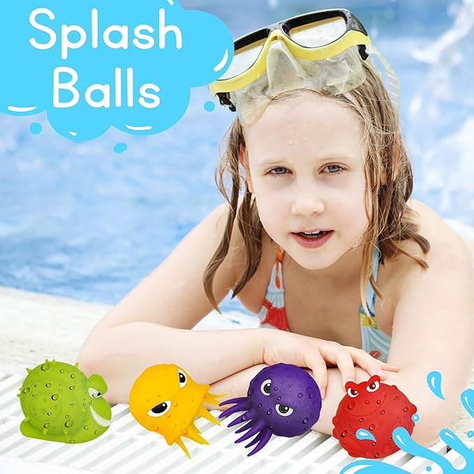 4E's Novelty Sea Animal Octopus Water Balls 4 Pack - Pool Toys Outdoor Activity Game Bath Tub Sensory Octopus Absorbent Splash Balls Bomb, Floating Swim Toys, Easter Basket Stuffers