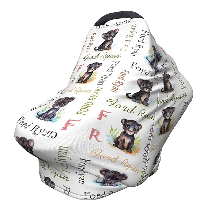 Personalized Car Seat Covers for Babies with Name – Multi-use Breastfeeding Cover Custom Panther Carseat Canopy Cover, Infant Stroller Covers for Boys and Girls