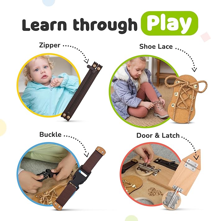 deMoca Sensory Busy Board for Toddlers, Premium Wooden Toddler Busy Board for 1 2 3 Year Old with 10 Educational Activities for Fine Motor Skills, Fidget Activity Toy for Travel