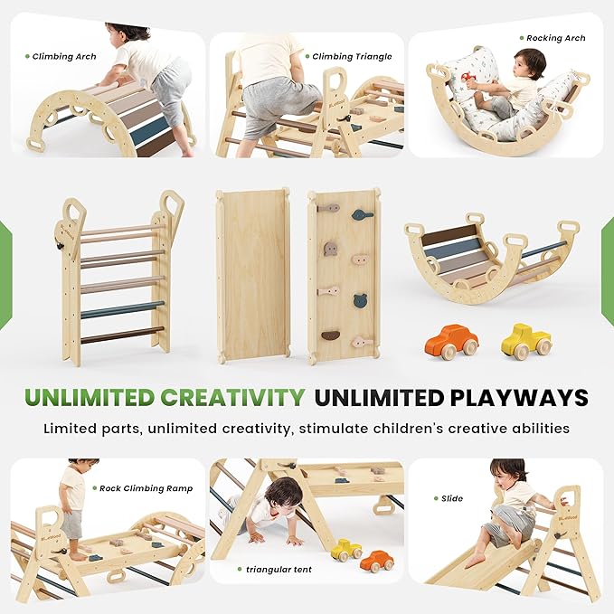 BlueWood Pikler Triangle Set with Cushion - Climbing Toys for Toddlers 9-in-1, Montessori Philosophy Play Jungle Gym with Arch, Ramp, Ladder (Pink)