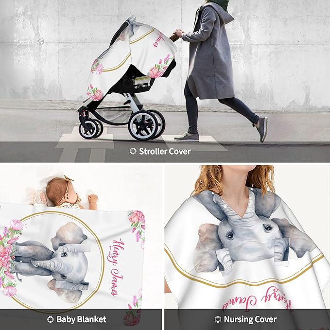 Personalized Baby Car Seat Canopy with Name Custom Minky Elephant Car Seat Covers Nursing Cover for Breastfeeding Multi-Use Cover Infant Carrier Carseat Winter Cover for Newborn Girls Boys