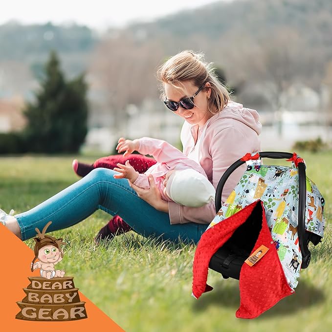 Dear Baby Gear Carseat Canopy with Snap Opening for Girls & Boys - Infant Car Chair Canopies - Nursing Covers -37"x29" (Farm Life Animals and Tractor, Red)