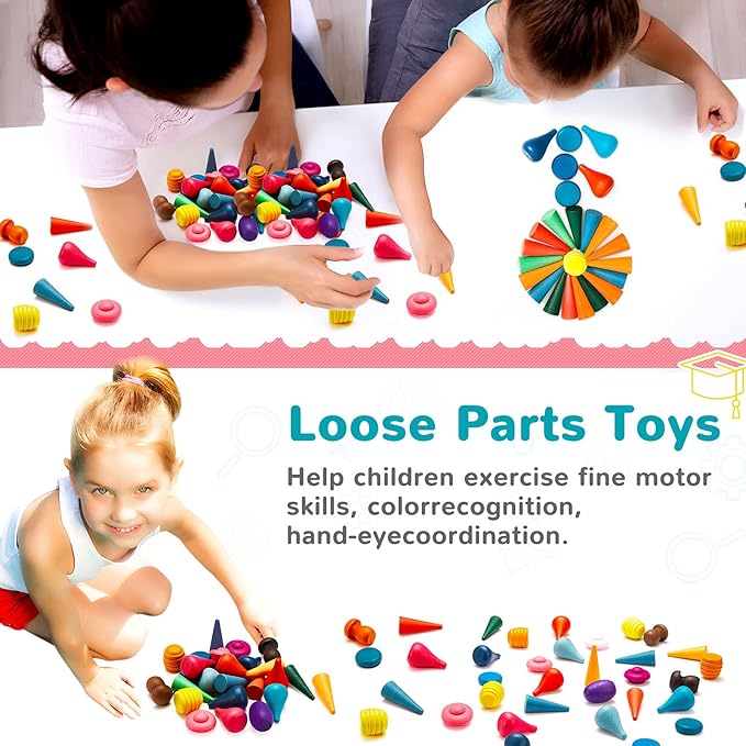 Chivao Loose Parts Play Materials Set Wooden Mandala Toys Kit Wood Sensory Play Toys 27 Rainbow Color 7 Shapes Loose Parts for Teens Students Early Learning Materials (162)