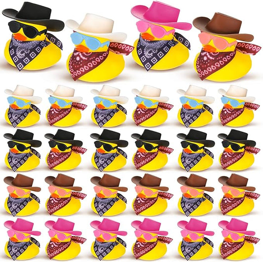Hanaive 24 Sets Cowboy Rubber Duck Light up Mini Holographic Space Disco Hat Scarf Sunglasses Graduation Light up Bath Toys Bathtub Accessories Baby Shower Birthday Supplies(Cute Style)