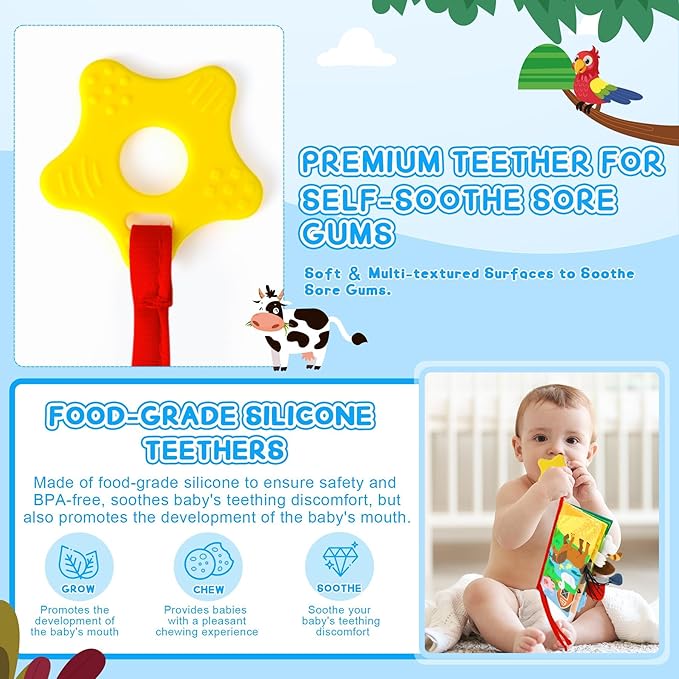 BBWOO Soft Baby Book Toy - Newborn Boy Girl Shower Gift - Tummy Time Toy for Infant 0-6 6-12 Months - Touch and Feel Sensory Crinkle Book with Teether - Baby Boy Girl Gift - Easter Basket Stuffers