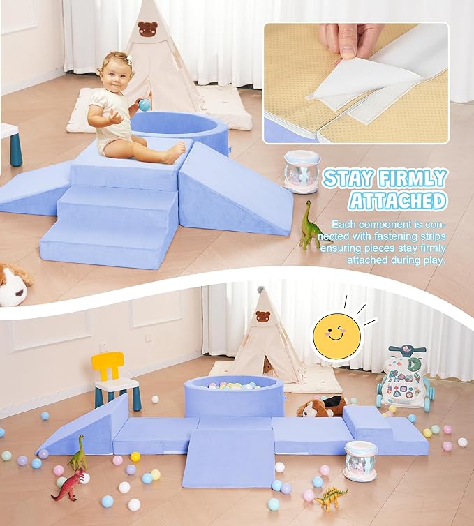 Elftopia Foam Climbing Blocks with Ball Pit & Stairs for Toddlers Aged 1-3 -Soft Playset for Indoor Crawling, Foam Playground Set for Baby to Active Playing Inside -(Balls NOT Included),Light Blue