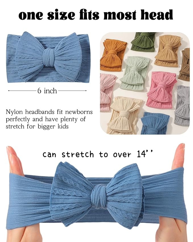 jollybows 12 PCS Baby Nylon Headbands Handmade Wide Baby Girl Bows Headbands Elastics HairBands Hair Accessories for Newborn Infants Toddlers Kids
