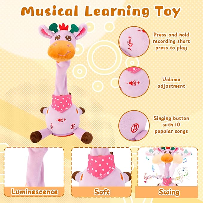 Dancing Talking Giraffe Plush Toy, Funny Singing Recording & Repeating Musical Giraffe, Unique Valentine's Day Gift for Girlfriend Boyfriend, Interactive Fun for Baby Toddlers Kids(Purple)