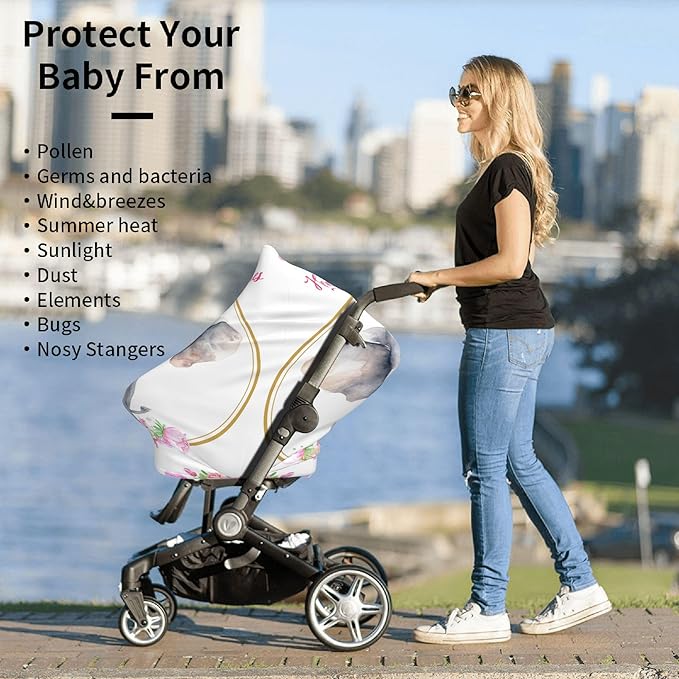 Personalized Car Seat Covers with Name, Elephant Baby Canopy Carrier Cover, Breathable Breastfeeding Nursing Cover, Stretchy Multi-Use Infant Carseat Stroller Cover