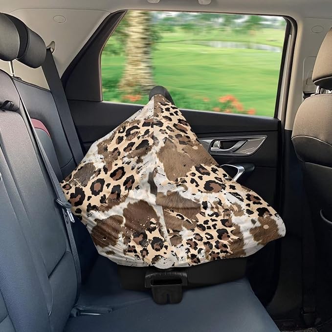 Wanyint Cow Print Leopard Print Car Seat Covers for Babies Girls Boys, Stretchy Carseat Canopy Soft Baby Breastfeeding Nursing Scarf Infant Stroller Cover