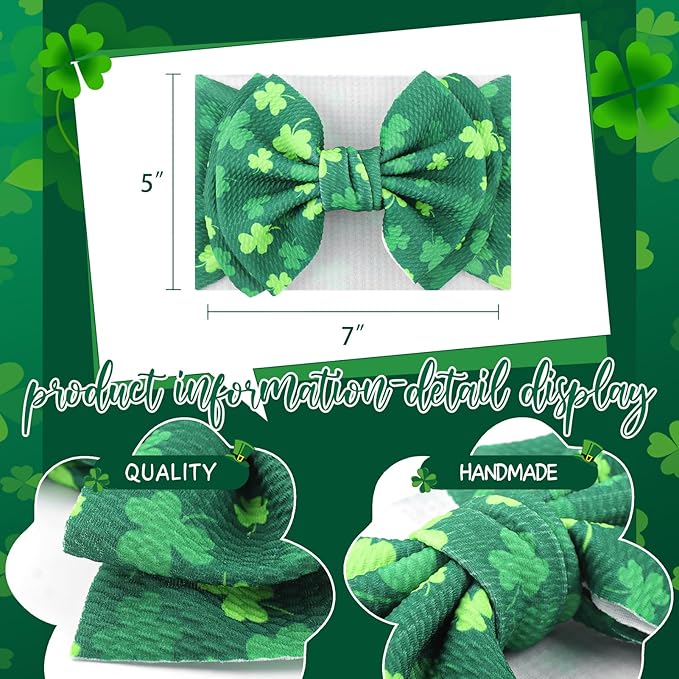 YanJie 7" St.Patrick's Day Large Bow for Baby Girl Headband Newborn Infant Kids Shamrock Double Layer Messy Bow Headwrap