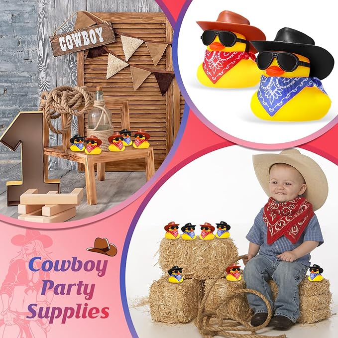 Sosation 36 Set Cowboy Rubber Duck Mini Yellow Duckies Bath Toy Tiny Ducks Bathtub Toy with Cowboy Hat Paisley Bandanas Sunglasses Dashboard Decor for Summer Baby Shower Birthday Party(Vintage Style)
