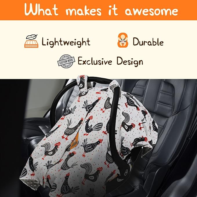 Dear Baby Gear - Baby Car Seat Canopy - Infant Car Seats Covers - Carseat Canopies for Boys and Girls - Toddler Carseat Cover with Snap Opening (Black and Red Chickens/Gray Dot 40"x30")