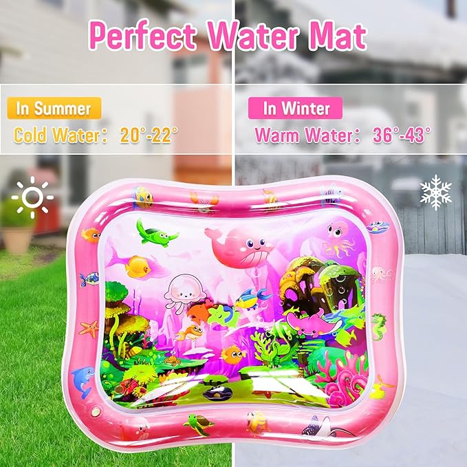 Baby Water Mat Large 37.4"x29.9", Safe Inflatable Tummy Time Water Play Mat for Infants & Toddlers with Climate Pledge Friendly, Newborn Sensory Water Pad for Christmas Gift (Pink)