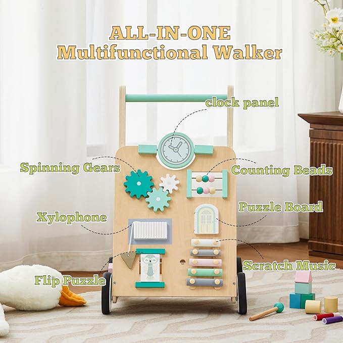 Baby Walker with Wheels, Wooden Baby Walker Push Toy Adjustable Height and Speed Montessori Walker Multiple Learning Activity Walker for Boys Ages 9+ Months, Green
