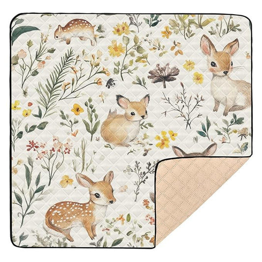 Baby Play Mat Vintage Woodland Animals Wildflowers 50 x 50 Playpen Mats for Floor Play Gym Crawling Mat Non-Slip Cushioned Baby Playmat for Infants, Babies, Toddlers