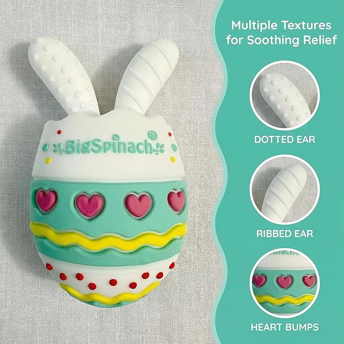 BIGSPINACH Easter Egg Baby Teether,Baby Teething Toy for Pain Relief,Silicone Bunny Rabbit Teether,Easter Gift for Babies,Sensory Toy for Boys & Girl (Light Green)