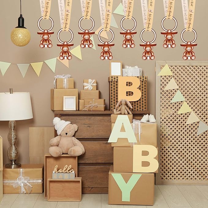 Beeveer 50 Pcs Green Leaf Baby Pacifiers Baby Shower Acrylic Pacifiers Necklace Boy Pacifier Bulk Nipples for Shower Game Ribbon Necklace for Party Favors Prize Decorations(Brown)