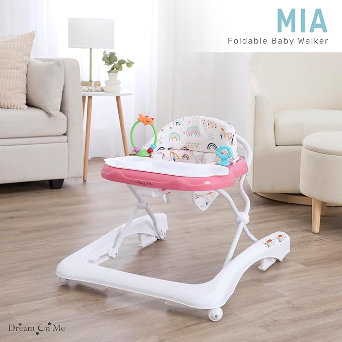 Dream On Me Mia Foldable Baby Walker in Pink, Foldable Walker with Adjustable Heights, Removable, Machine Washable High-Back Padded Seat, Suitable for 6-12 Months