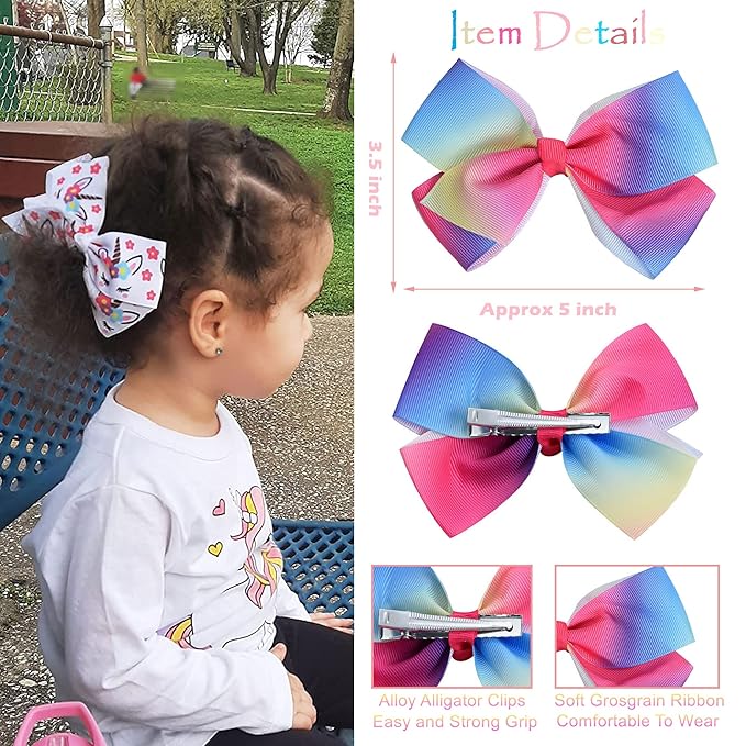18 Pcs 5 Inch Hair Bows for Girls,Colorful Rainbow Heart Girls Hair Bows Grosgrain Ribbon Hair Bow With Alligator Clips for Toddlers Little Girl Children Kids Teens