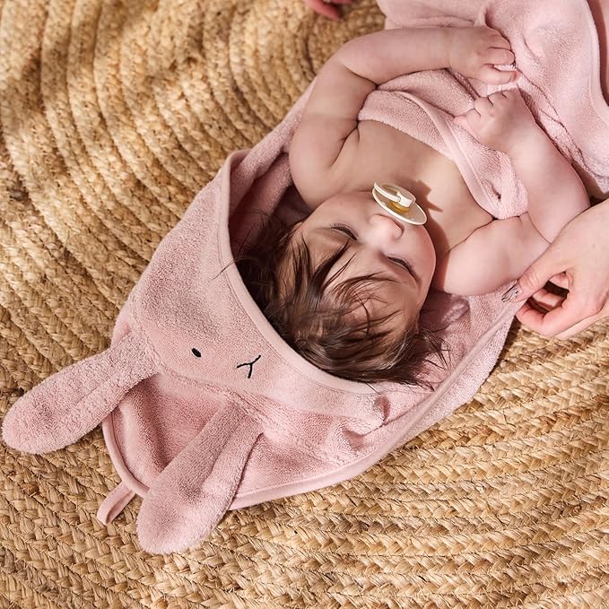 Hooded Baby Towel - 100% Organic Cotton Baby Bath Towels – Baby Towels, Baby Bath Towels for Baby Girl, 32" x 32" Super-Soft and Absorbent Baby Towels for Newborn (Rabbit - Blush)