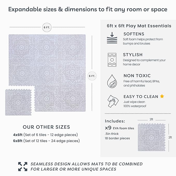 Little Landings Baby Play Mat for Floor - Layla (6x6ft) - Premium EVA Foam Play Mat for Babies & Toddlers (Ages 0-5+) - Non-Toxic Playmat for Tummy Time, Crawling & Playroom - Stylish & Comfortable