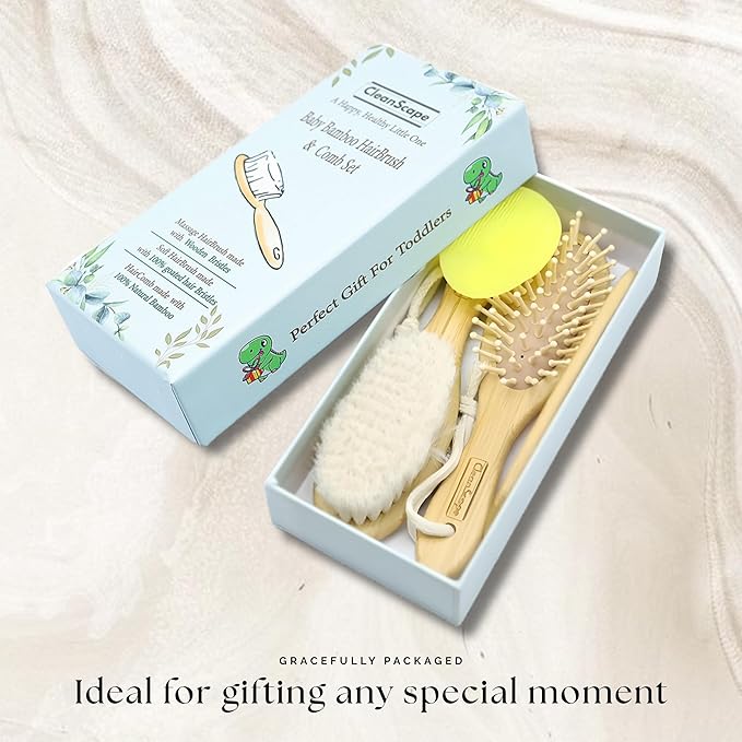 Bamboo Baby Brush & Comb Set – Newborn Grooming Kit with Soft Goat Hair Brush & Wooden Comb – Gentle Baby Care Essentials for Cradle Cap & Baby Shower Gifts