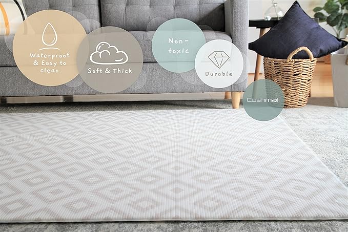 Cushmat Reversible Baby Playmat | Large | Soft, Thick, Waterproof, Easy-to-Clean, Non-Toxic, Durable, Non-Slip Play mat for Infants, Babies, Toddler, Kids & Grown-up (Palm Aqua - Beige Diamonds)