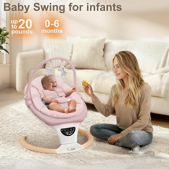 Baby Swings for Infants, Portable Infant Swing with 5-Speeds, 3-Adjustable Height, 3 Timer & 12 Lullabies, Mutil-Function Electric Swing for Baby, Indoor & Outdoor Use (Pink)