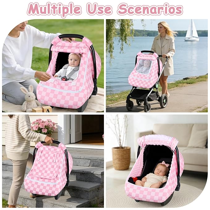 Baby Car Seat Cover with Mesh Window, Windproof Carseat Cover for Infant Girls, Infant Carseat Canopy with with Dual Zipper, Compatible with Most Baby Car Seat, Pink Checkered