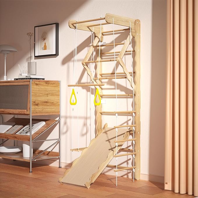 5-in-1 Indoor Playground Swedish Ladder Jungle Gym with Swing,Pull-Up Bar,Rope Ladder,Climbing Wall,Slide and Gymnastic Rings for Kids Ages 4-8