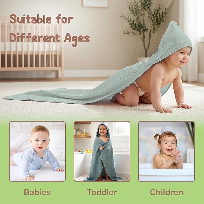 100% Organic Cotton Muslin Baby Hooded Towels - 32x32 Inch, 2 Pack Newborn Bath Towels for Boys & Girls, Soft & Absorbent Bath Set (Green/Mint Green)
