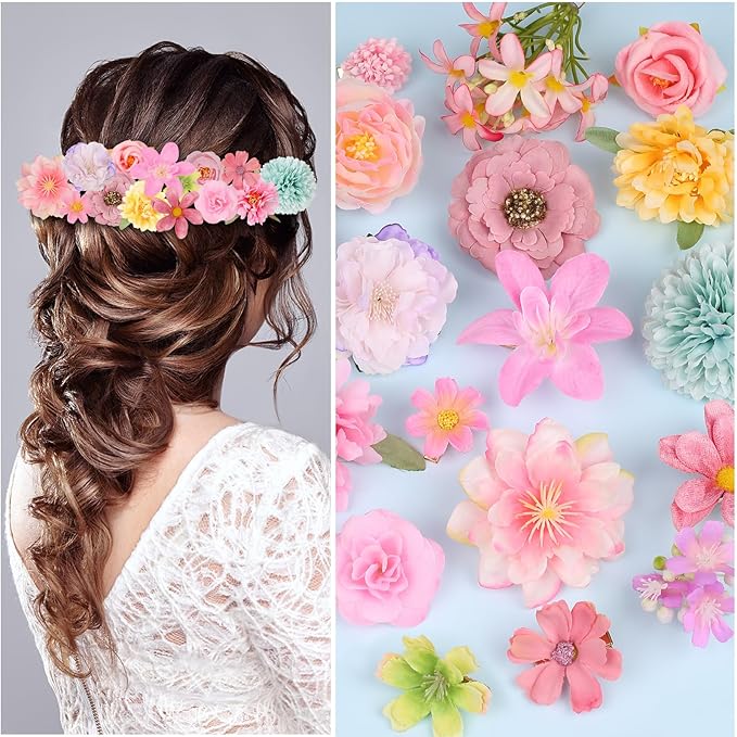 20 Pack Flower Hair Clip Rose Hair Clips Barrettes for Women Flower Accessories Boho Bride Claw Clip Hairpin Brooch Pin Headpiece for Girls Wedding (Pink)