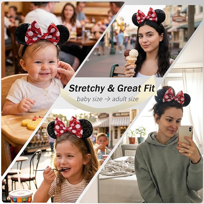 zhezesmila Adjustable Mouse Ears Headband Elastic Classic Sequin Polka Dot Ears for Baby Girls, Toddlers and Women