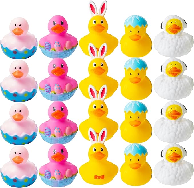 Haooryx Easter Rubber Duckies Toys - 20Pcs Novelty Yellow Rubber Duck Bunny Bathtub Toys Baby Shower Float Ducky Carnival Pinata Filler School Reward Easter Basket Stuffing Multi-Item Party Favor Pack
