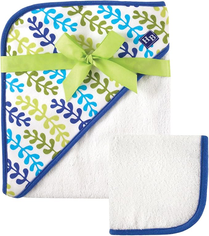 Hudson Baby Unisex Baby Cotton Hooded Towel and Washcloth, Seaweed, One Size