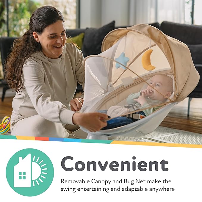 Nuby Baby Swing with Canopy and Remote - 5-Level Infant Swing with Soothing Sounds and Mobile App Control - 0-9 Months - Gray