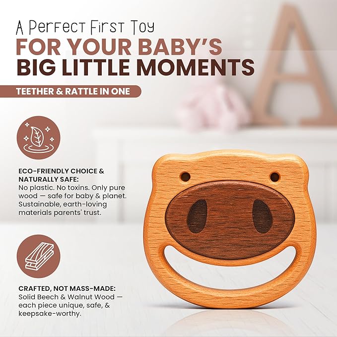 HippoToys Handcrafted Wooden Baby Rattle | Natural Teething Toy | Montessori Sensory Developmental Toy | Non-Toxic Organic Wood | Newborn Infant Baby Boy Girl Gift 0-12 Months