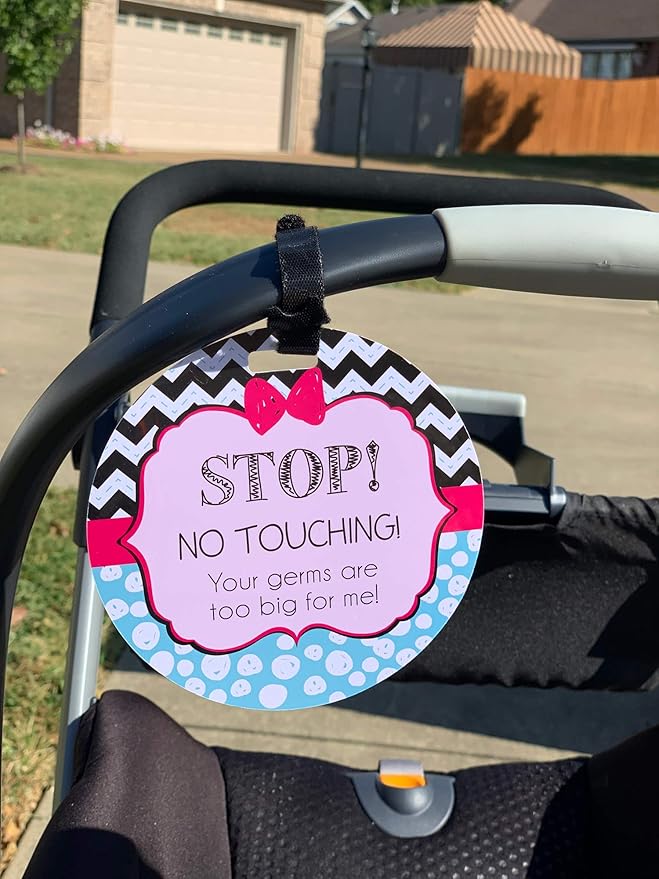 Three Little Tots Two Pack - Pink Zig Zag Stop No Touching Baby Car Seat and Stroller Signs - CPSIA Safety Tested
