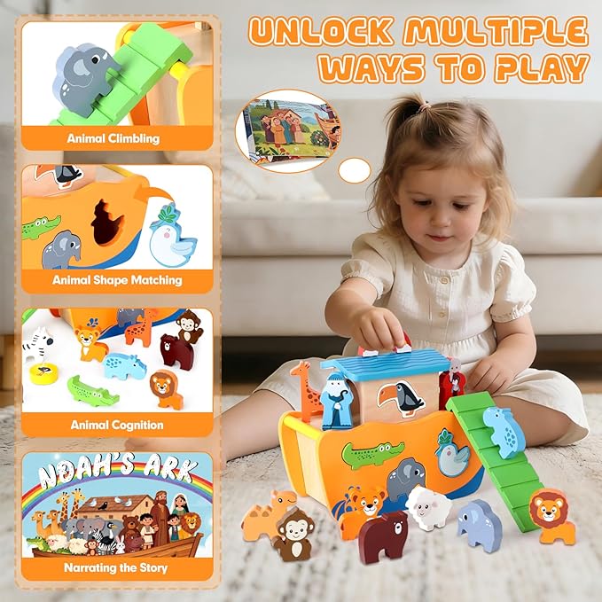 Hoarosall 27-Piece Wooden Noah's Ark Toy for 1-3 Year Olds Baptism Christmas Birthday Gift Bilingual Bible Story Montessori Shape Sorter Christian Educational Toy for Boys Girls