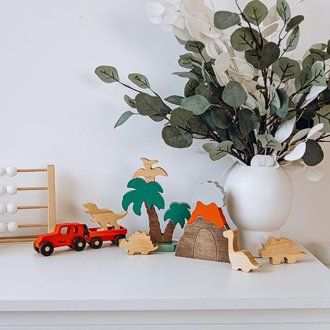 Personalized Colored Wooden Car Play Set with Dinosaur Theme – Custom Toddler Sensory Toys, Unique Birthday and Baptism Gifts for Boys, Nursery Room Decor, Baby Shower Gifts