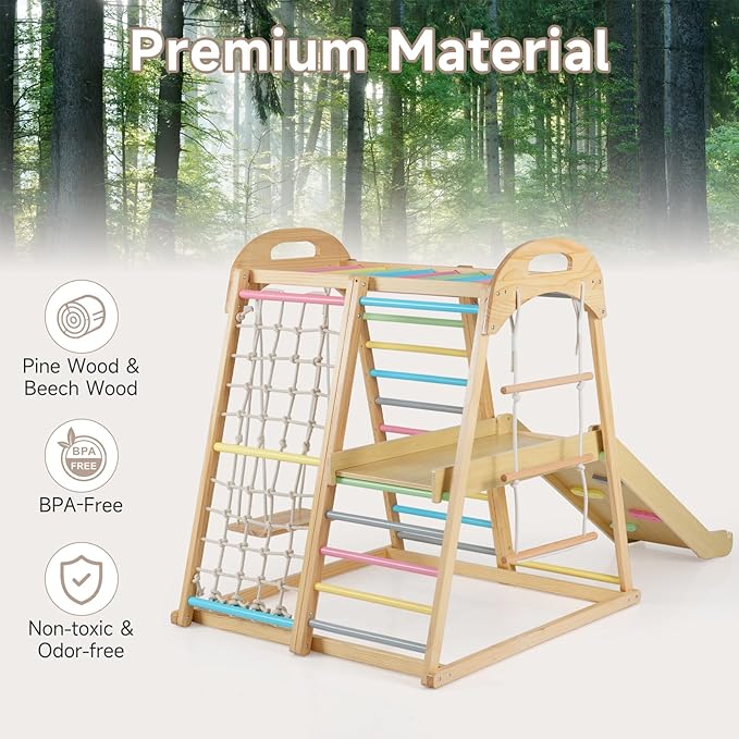 OLAKIDS Indoor Jungle Gym, 8 in 1 Wooden Montessori Toddler Climbing Toys with Adjustable Ramp Swing Slide, Monkey Bar Rope Ladder Waiting Area (Colorful)