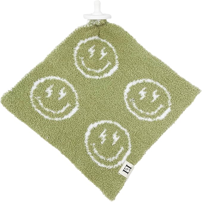 L+L USA Smiley Face Baby Lovey Pacifier/Teether Holder 10"x10" - DreamSoft Plush Fluffy Cuddly Soothie Reversible Mini Comfort Blanket Cute Newborn Gift Essential Babies Boys Girls (Sage Green/White)