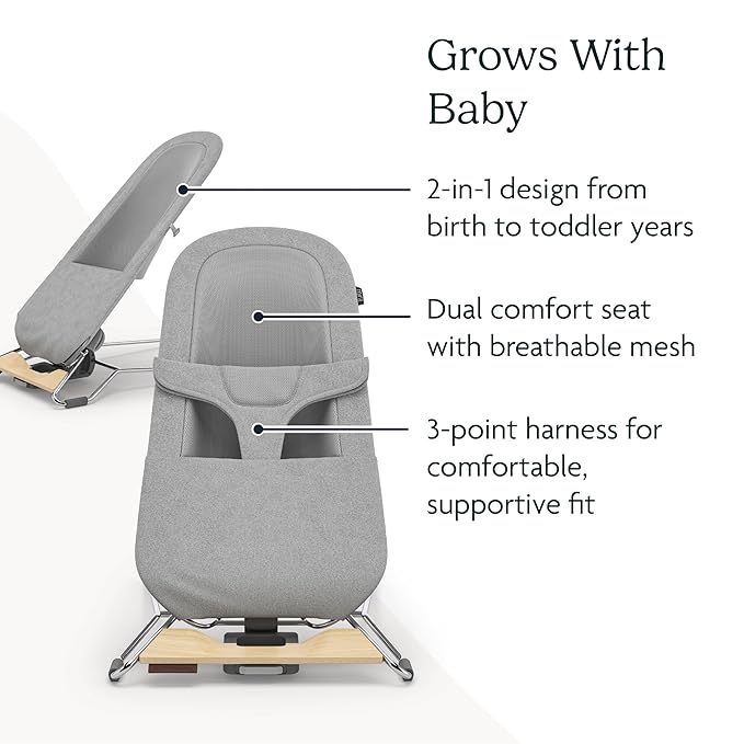 UPPAbaby Mira Bouncer/Portable 2-in-1 Bouncer + Seat Grows With Your Baby/GREENGuard® Gold, JPMA + FSC® certified/Cozy Seat Liner + Storage Bag Included/Charlie (Sand Mélange/Black Chrome/Walnut Wood)