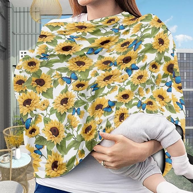 LedBack Blue Butterfly Sunflower Stretchy Car Seat Cover for Babies Nursing Cover Breastfeeding Cover,Soft Breathable Baby Carseat Canopy