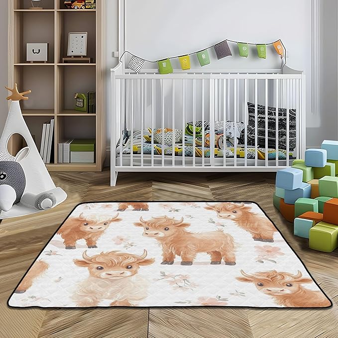 Highland Cows Cute Baby Playmat Washable Playroom Crawling Mat Non-Slip Play Mats for Floor 50x50 Mat