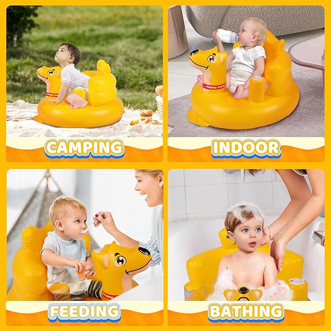 Baby Seat Inflatable Infant Floor Seat Toddler Chair Support Sitting Up Built in Air Pump with Tinkling Bells for 5-36 Months Home and Travel (Yellow)