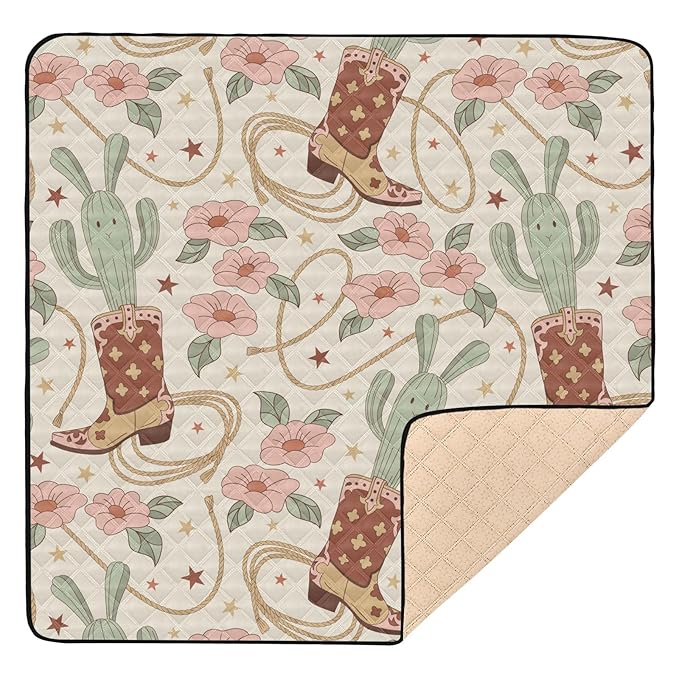 Baby Play Mat Cactus Cowboy Boots Floral 50 x 50 Playpen Mat Baby Play Mats for Floor Play Gym Crawling Mat Non-Slip Cushioned Baby Playmat for Infants, Babies, Toddlers