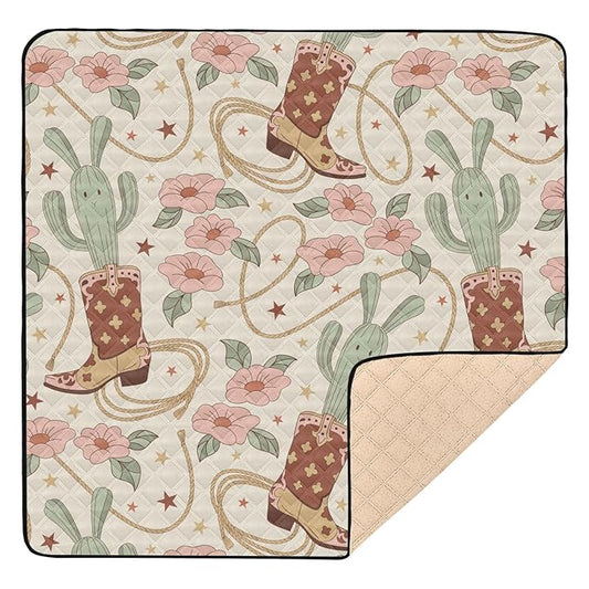 Baby Play Mat Cactus Cowboy Boots Floral 50 x 50 Playpen Mat Baby Play Mats for Floor Play Gym Crawling Mat Non-Slip Cushioned Baby Playmat for Infants, Babies, Toddlers