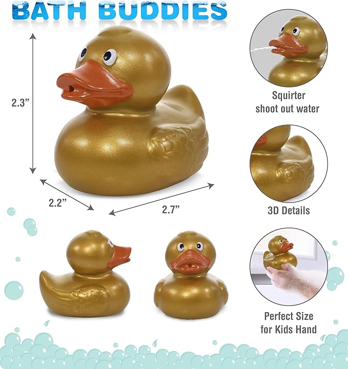 DolliBu Metallic Gold Duck Bath Buddy Squirter - Floating Gold Duck Rubber Bath Toy, Fun Water Squirting Bath Time Play for Toddlers, Animal Toy for Bathtub, Beach, and Pool for Girls and Boys